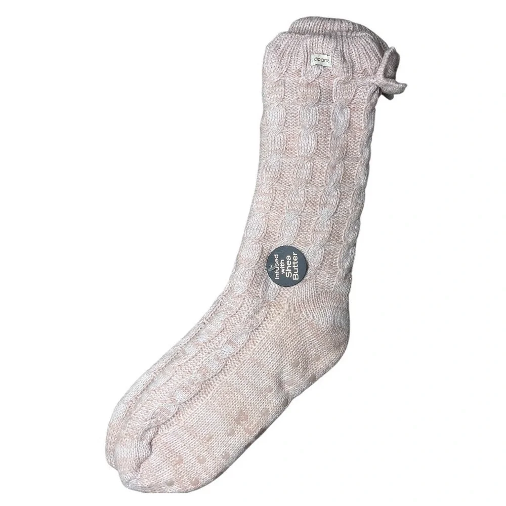 Apana Women Light Pink Cable Knit Shea Butter Infused Slipper Socks with Bow